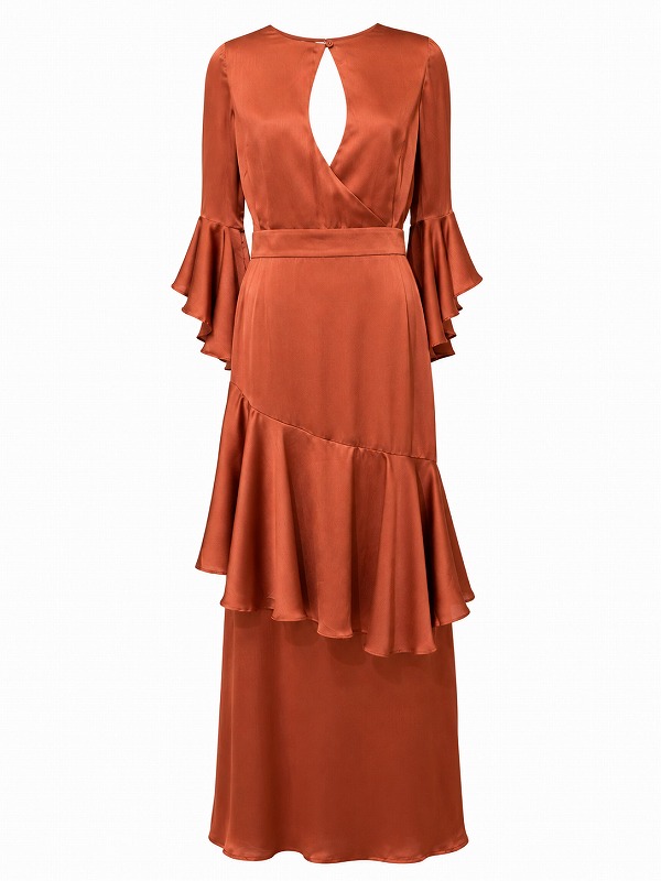 【新品DRESS 2755】バストカットチューリップスリーブサテンフレアロングドレス オレンジ【ANONYME】